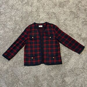 Alfred Dunner Plaid Open Front Jacket in Red and Navy with Gold Button Detailing
